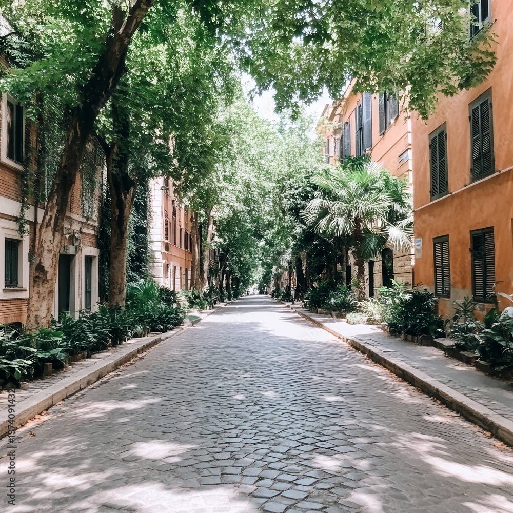 Poster cobblestone street lined with trees and buildings on a sunny day. sunlight filters through the leave