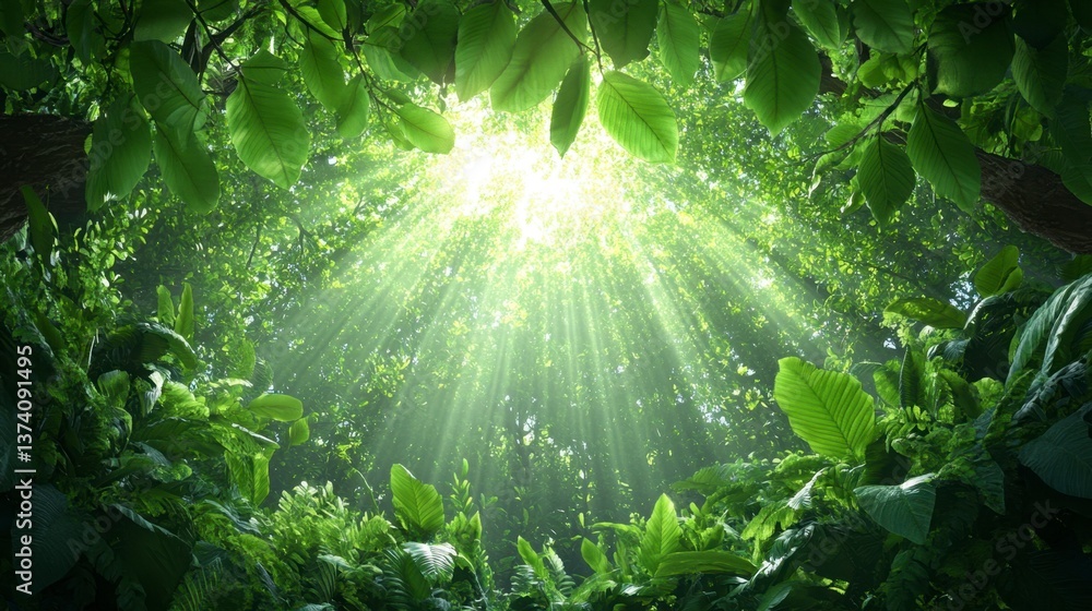 Poster sunlight streams through lush green leaves, creating a magical, ethereal atmosphere. bright light ra