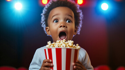 Naklejka premium African-American toddler with an amazed expression, tiny hands holding a striped popcorn bucket, movie light illuminating his face, dramatic dark theater atmosphere