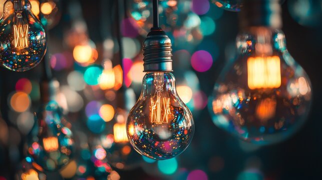 The bright illumination of a shining light bulb emits a spectrum of colors, symbolizing modernity, creative ideas, and innovation, to convey a contemporary and inventive concept