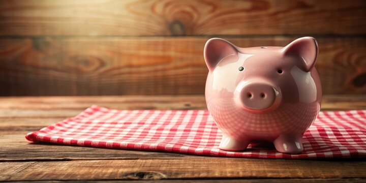 A ceramic piggy bank rests on a red and white checkered tablecloth atop a rustic wooden surface, symbolizing financial savings and home-style comfort.
