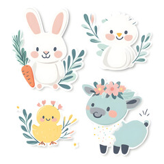 Fototapeta premium Cute spring animal collection with bunny chick and lamb surrounded by floral elements, pastel kawaii characters for baby shower invitations and nursery wall art