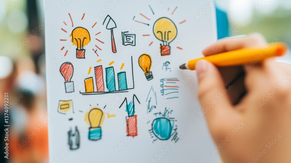 Poster creative brainstorming session capturing vibrant sketches of ideas and concepts during a workshop on