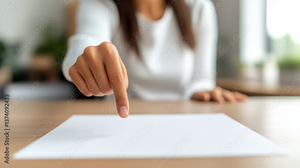 Poster fingers pointing at a blank sheet of paper while brainstorming ideas in a modern office setting