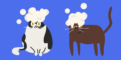 Animal hygiene. Care about hygiene of domestic animals. Pet grooming. Funny cartoon cats with shampoo and bubbles on their heads. Vector illustration for grooming salon
