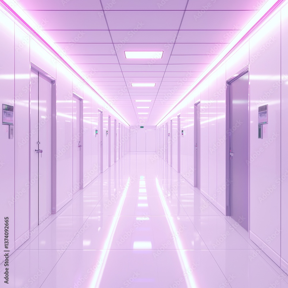 Poster a modern ai technology setting is represented by an empty white 3d room with a neon background, feat
