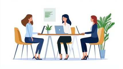 Three women collaborate at a modern workspace, using laptops and engaged in discussion, with a plant adding a touch of nature.