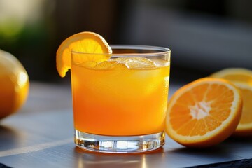Citrusy orange cocktail garnished with a refreshing twist of lemon.
