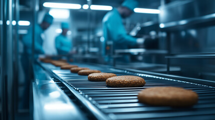 Obraz premium Row of plant-based patties traveling through a high-tech food processing plant, metallic equipment gleaming, engineers monitoring the sustainable production process