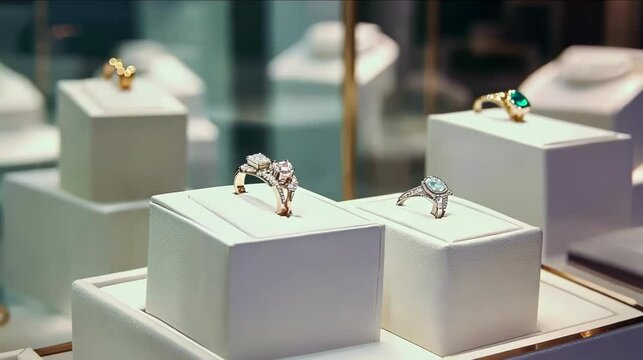 Elegant jewelry displayed on white stands in a store showcase with soft lighting.