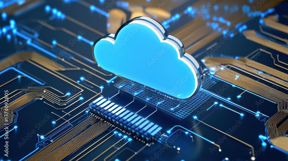 Poster a digital representation of a cloud symbol over a circuit board, highlighting themes of technology a