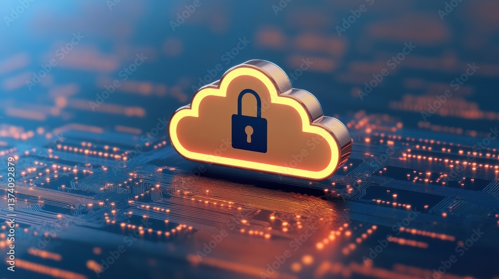 Poster a digital cloud symbol with a lock represents secure data storage, highlighting the importance of cl