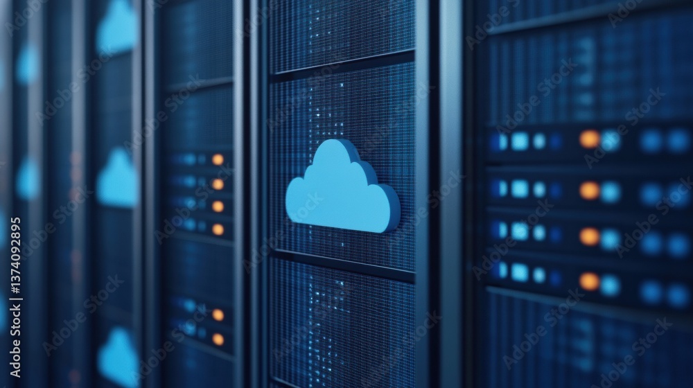Poster a sleek data center with blue cloud icons, representing cloud computing technology and modern server