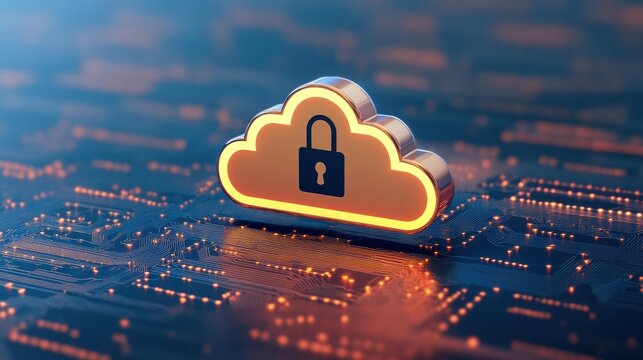 A stylized cloud icon with a lock symbolizes cloud security and data protection against cyber threats on a circuit board background.