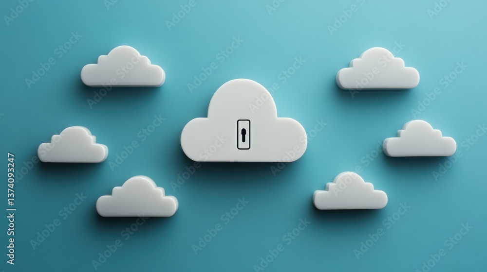 Poster a minimalist design featuring clouds and a central cloud with a lock, representing cloud security an