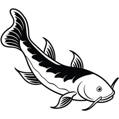 Black and white fish illustration with bird silhouettes in flight, featuring eagle, dove, and hawk symbols, representing freedom and nature in a simple, vector design