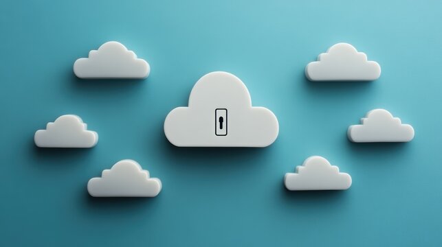 A minimalist design featuring clouds and a central cloud with a lock, representing cloud security and data protection.