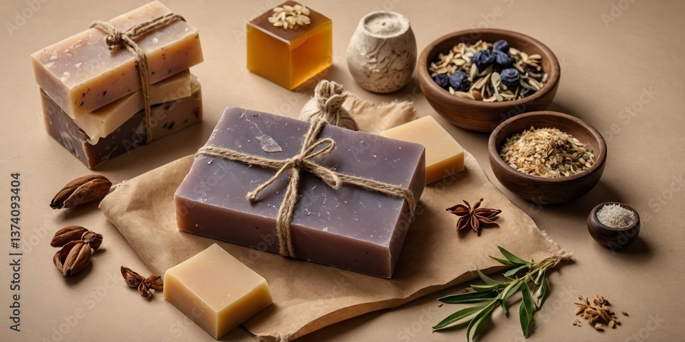 Poster handmade soap collection arranged on a rustic surface with natural ingredients in a home setting