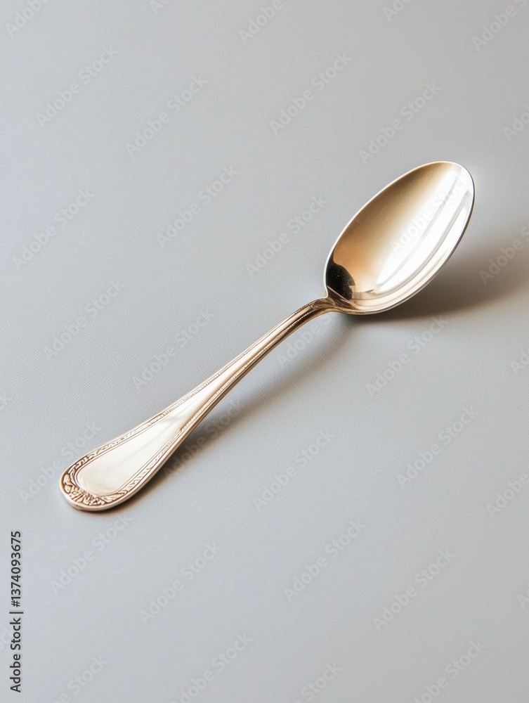 Poster close-up of a silver spoon with a long handle. the spoon is resting on a light grey background. the 