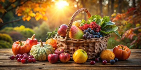 Autumn Harvest Bounty A Rustic Basket Overflowing with Colorful Fruits and Vegetables on a Wooden Table, Bathed in Warm Sunlight