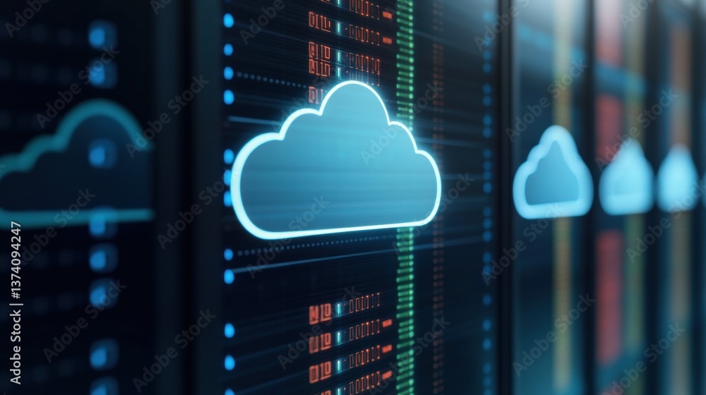 Poster a digital representation of cloud technology with data servers, emphasizing modern storage solutions
