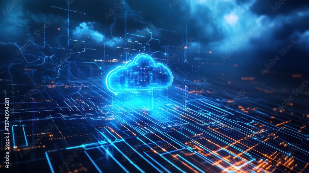 Aufkleber a digital cloud icon illuminates a network of connections, symbolizing cloud computing and data tran