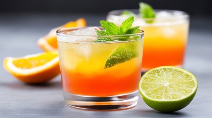 Two refreshing cocktails with orange and lime wedges, garnished with mint. Close up view on a dark gray background.