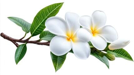 Obraz premium Close up of two white plumeria flowers with yellow centers, attached to a branch with green leaves on a white background.
