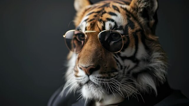 Cool tiger with sunglasses looking at camera in studio footage. Fashionable wild animal with shades, suit motion picture. Smart, confident cat video clip.