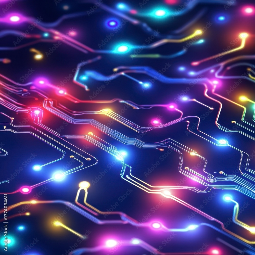 Poster abstract close up of a circuit board with vibrant, multicolored glowing lights. intricate pathways a