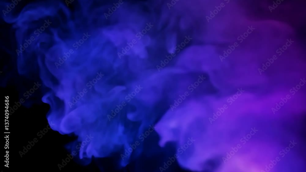 Poster a vibrant purple and blue flame, which is the dominant color of the smoke. the smoke is swirling and