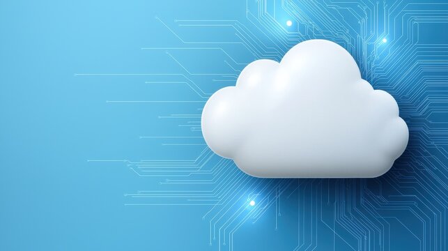 A stylized cloud icon is set against a blue background with digital circuit patterns, symbolizing cloud computing and technology.