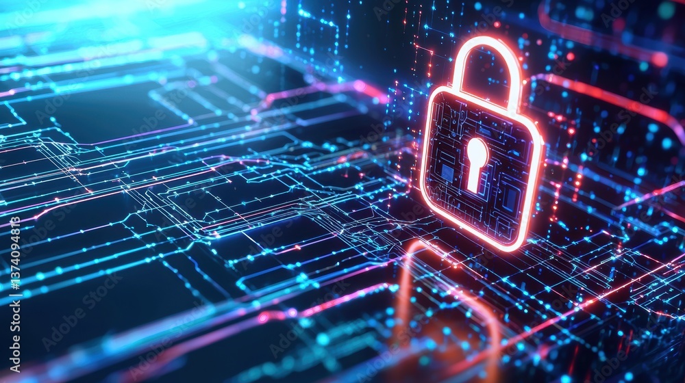 Poster a digital illustration featuring a glowing padlock symbol amidst a network of interconnected lines a