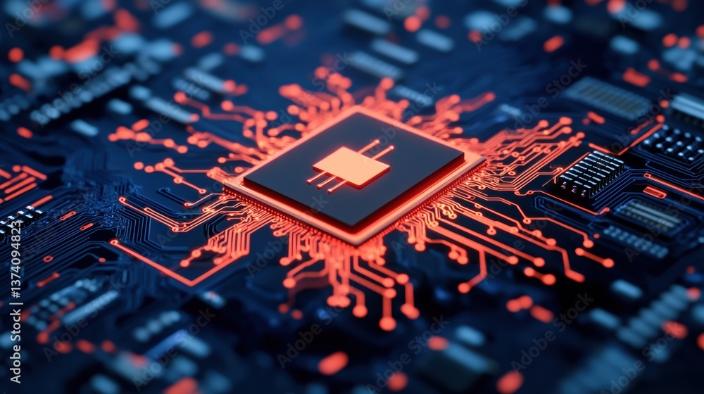 Poster a close-up view of a computer chip on a circuit board, showcasing intricate details and glowing conn