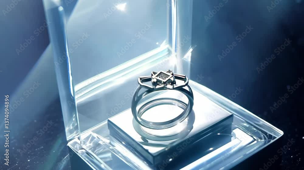 Poster a ring is displayed in a glass case. the ring is silver and has a diamond in the center