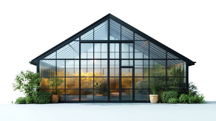 Obraz premium Glass Greenhouse Oasis: Explore the intricate details of a modern glass greenhouse, with its transparent walls allowing a peek into a vibrant indoor garden, surrounded by lush green foliage.