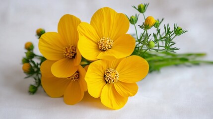 Close up view of a small bouquet of vibrant yellow cosmos flowers with green stems and buds, resting on a white textured fabric background. Soft lighting enhances the delicate petals and colors.