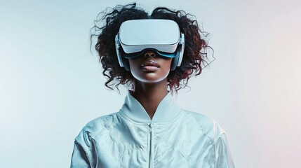 A black woman is depicted wearing white VR glasses and a futuristic outfit against a minimalist white background with AI assistance