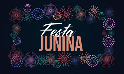 Festa Junina with party flags, holiday symbols, paper fanatics and a garland of paper flags. Bonfire. Vector illustration