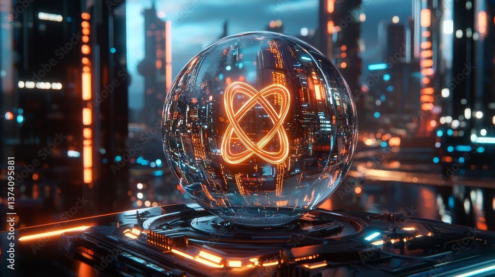Poster a futuristic circuit board featuring a high-tech concept with a glowing atom symbol enclosed within 