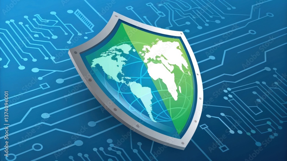 Poster a digital shield symbolizing cybersecurity, featuring a globe and abstract circuit patterns, represe