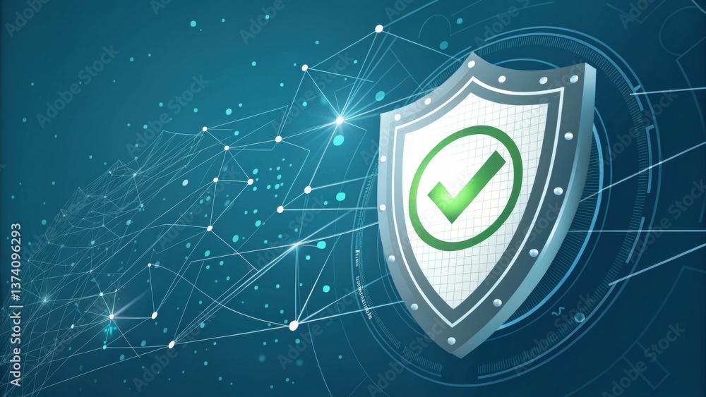 Poster a digital shield graphic with a checkmark, symbolizing security and protection in a technology-drive