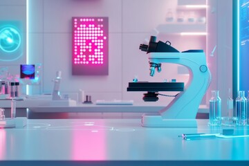 microscope at high-tech lab scene with glowing holograms and advanced equipment, clean and minimalistic minimal background with copy space