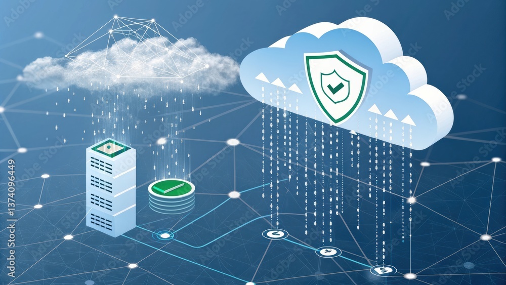 Poster a digital illustration depicting cloud storage with security features, data connections, and rain-li