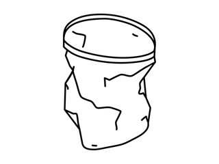 Hand drawn cute outline illustration crumpled cup. Flat vector disposable plastic trash or environmental pollution line art doodle. Crushed beverage container sticker or icon. Waste sorting. Isolated.