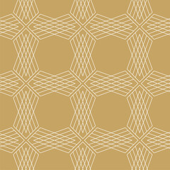 Abstract geometric pattern with crosses, stripes, lines. Seamless vector background. White and gold ornament. Modern reticulated graphic design.