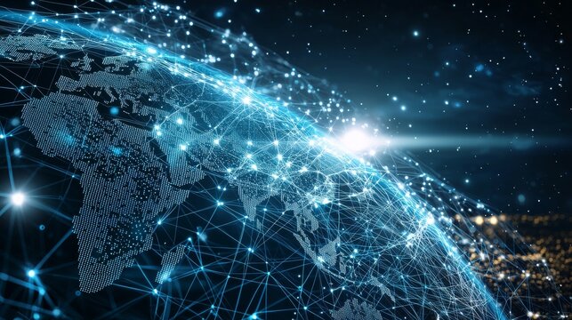 A futuristic digital setting with a prominent blue globe serves as a symbol for the global integration of technology and innovation