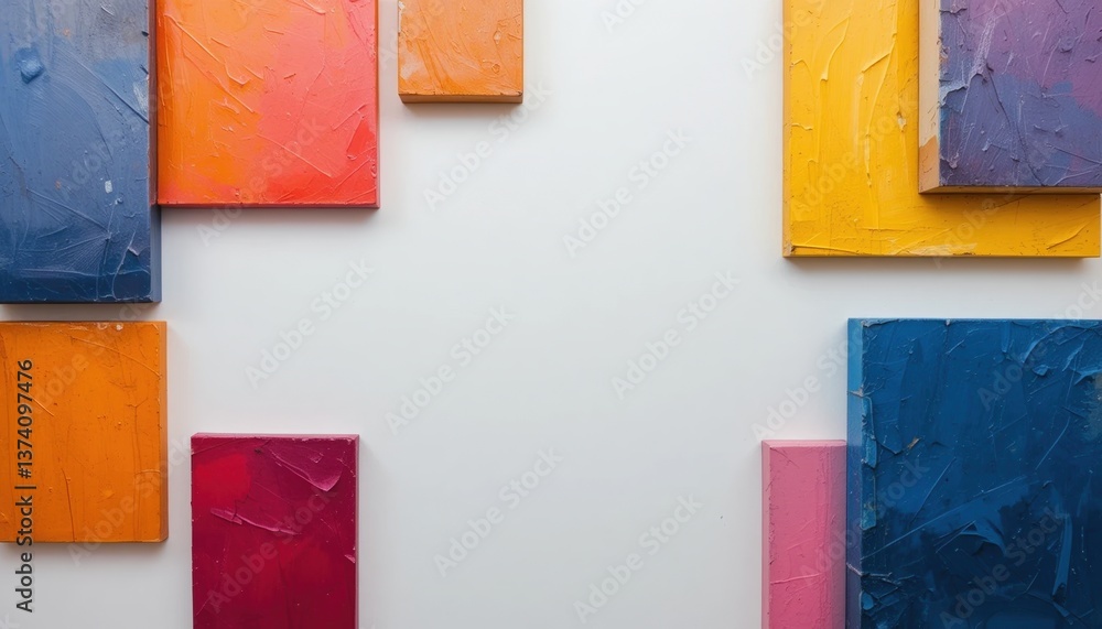 Poster artistic display of vibrant abstract canvas paintings gallery space artwork collection bright and co