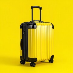 Yellow hard shell suitcase on yellow background, studio shot. Ideal for travel, vacation, and journey themes.