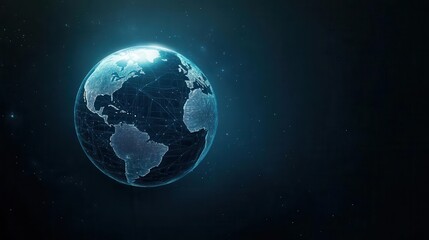 A digitally rendered globe against a dark background, showcasing the Earth's geographical features and networks.